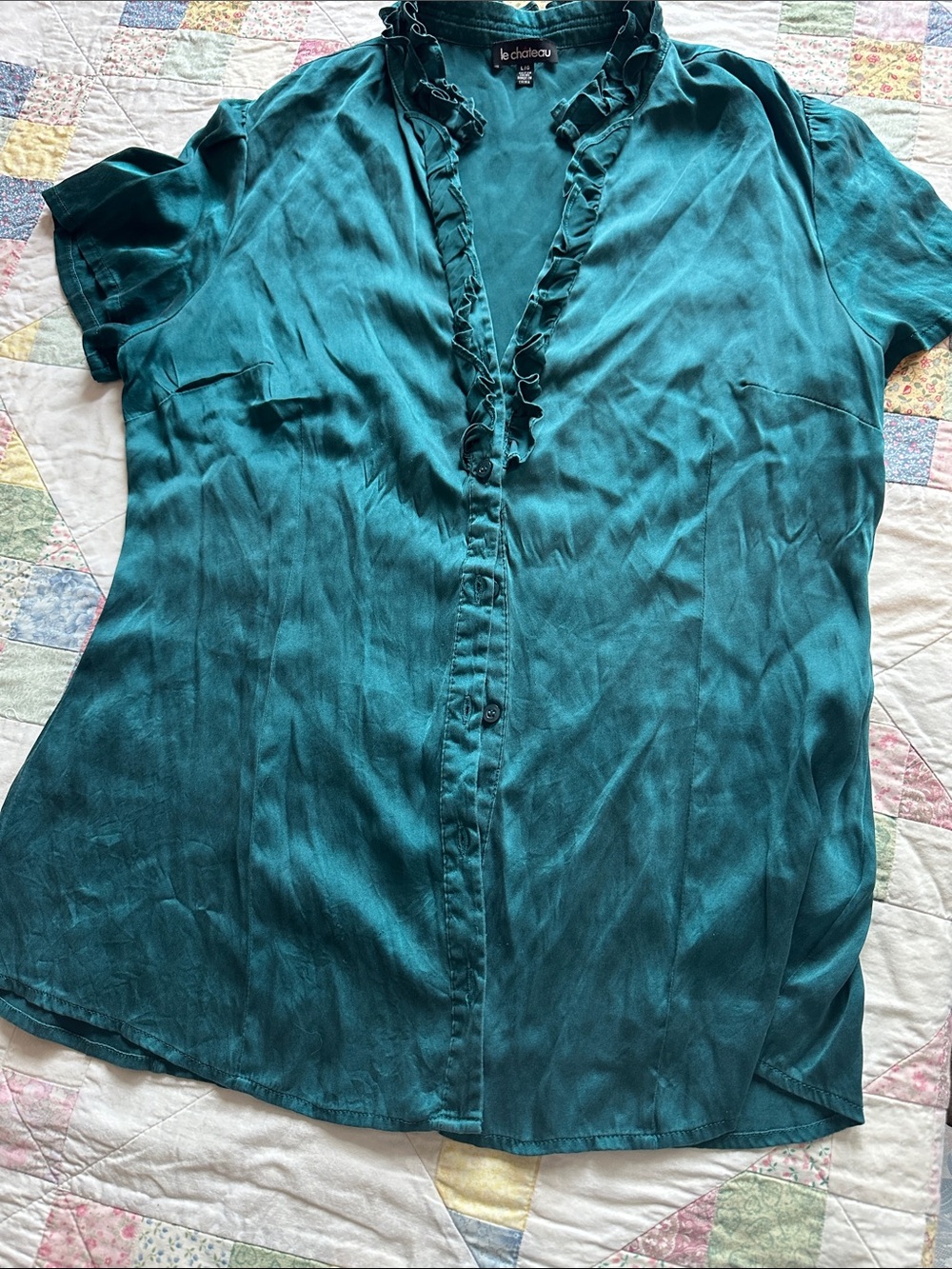NโChateau Silk Teal Ruffled V-Neck Button-Down Top